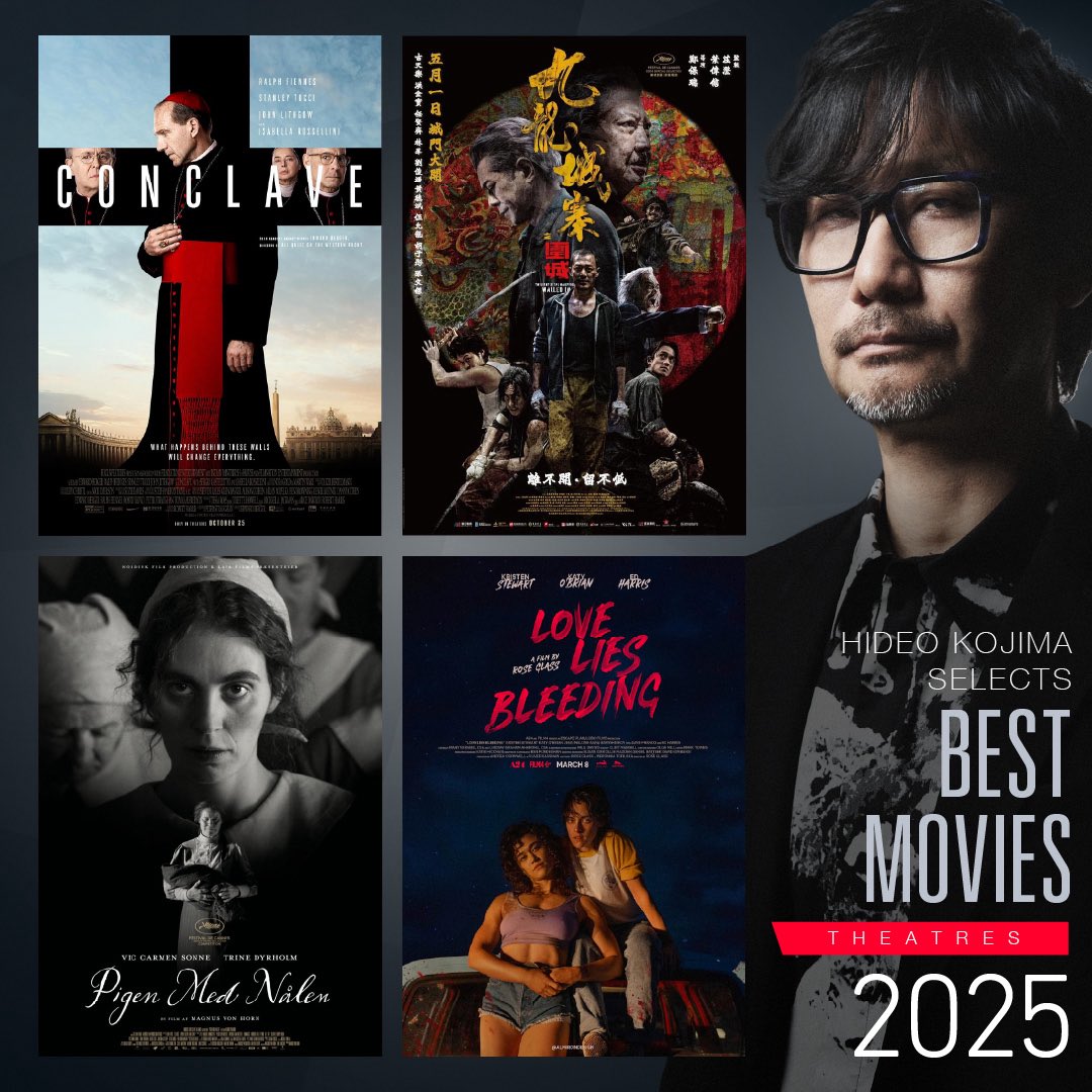 HIDEO_KOJIMA_EN's tweet image. My top films of 2025
Theatrical releases – foreign films

It is in order of when I watched it. 

Conclave
Twilight of the Warriors: Walled In
Girl with the Needle
Love Lies Bleeding
Quand vient l’automne (When Fall Is Coming)
Sinners
Heretic
Sirāt
The Shadow’s Edge
Sentimental…