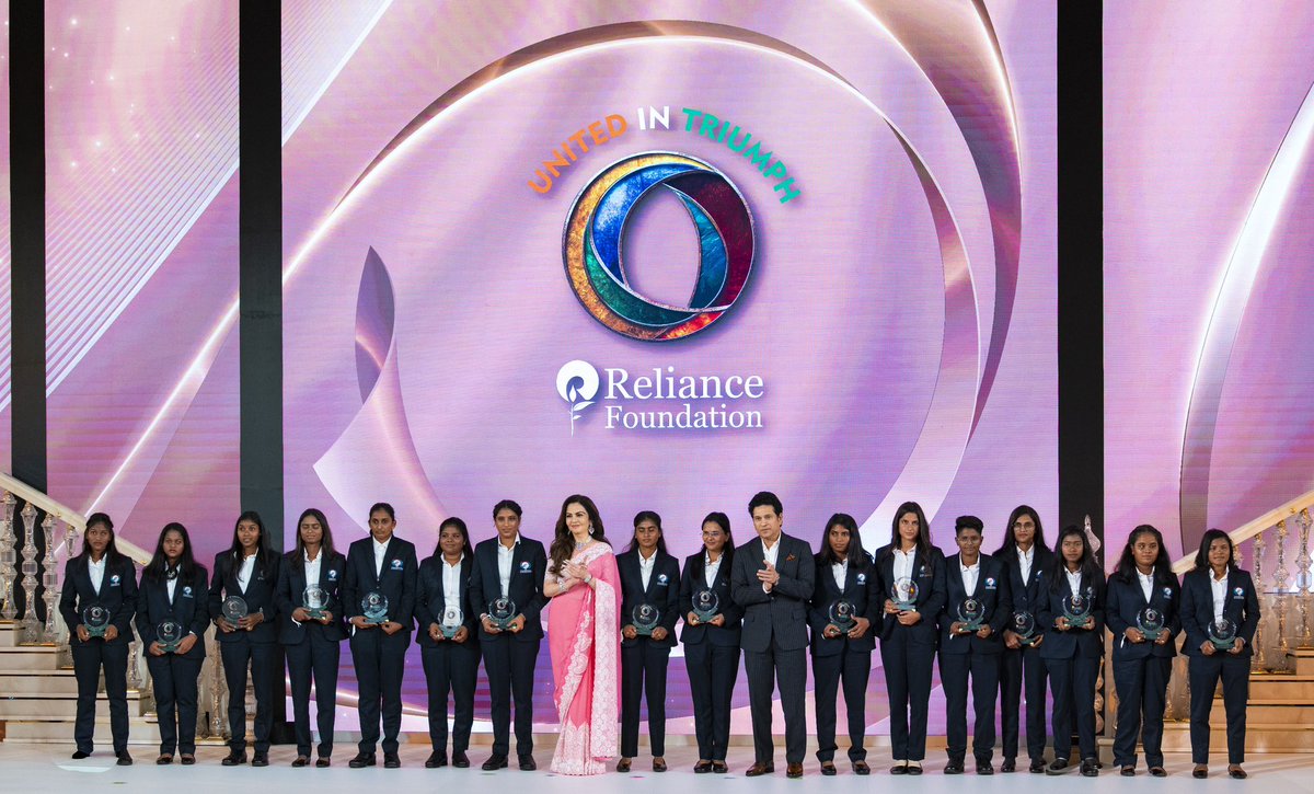 mipaltan's tweet photo. Pictures that tell a thousand stories replete with emotion, strife and triumph. Iconic images of the victorious Indian Blind Women's Cricket Team, select members of the ICC World T20 championship winning Indian team and the ICC Women’s Cricket World Cup winning Indian cricket team with Mrs. Nita Ambani, Mr. Amitabh Bachchan, Mr. Sachin Tendulkar and Mr. Jay Shah at the #UnitedInTriumph event in Mumbai.