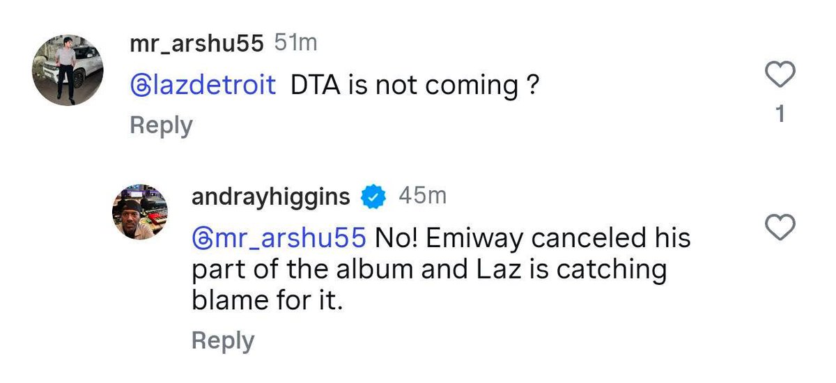 raju_innocentev's tweet photo. Andray Higgins who is a team member and friend of Lazarus was commenting everywhere that DTA is canceled and it is because of Emiway

Read his replies in the attached screenshots⬇️⬇️⬇️ https://t.co/pbzuTUqYj3