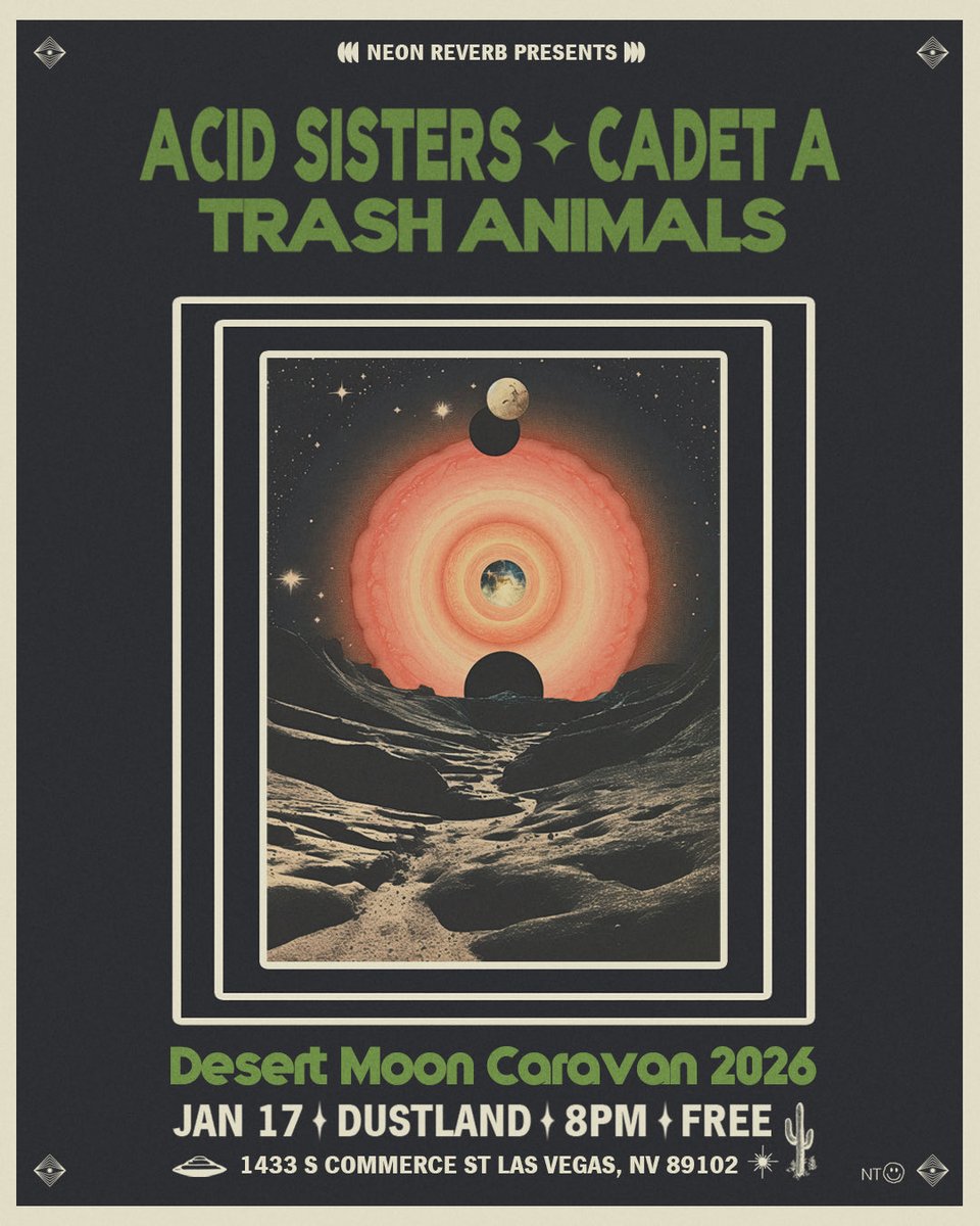 #DesertMoonCaravan #MiniTour happening Jan 15-17 w/ #CadetA (LA), #AcidSisters (LV), #TrashAnimals (LV)!

TH 1/15 <a href="/nonplusultrala/">nonplusultrala</a> #LA, CA
Doors 8pm | $12 adv / $15 door

FRI 1/16 #SnakeBiteRoadhouse
#YuccaValley, CA | Doors 8pm | FREE

SAT 1/17 #Dustland #LV, NV
Doors 8pm | FREE