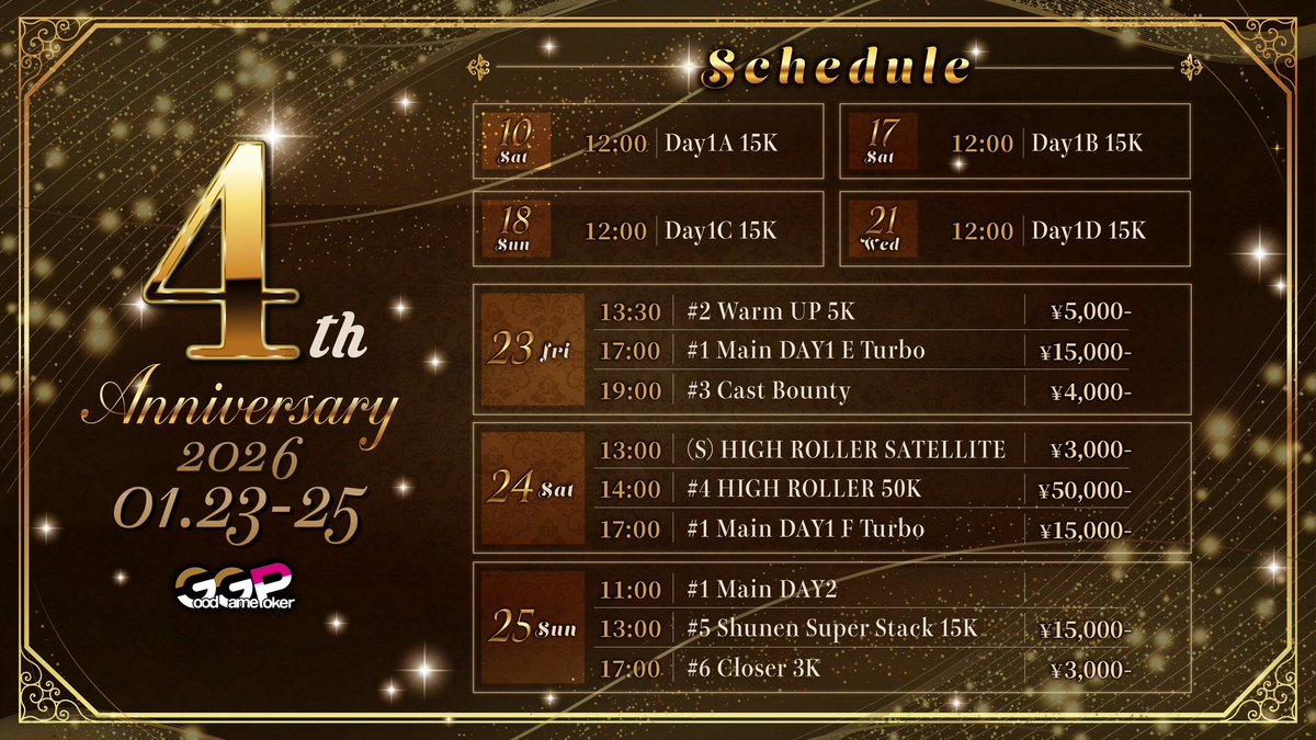 【🎉特報🎉】 GGPL SHIBUYA 4周年特別企画🔥

GGPL渋谷(<a href="/GGLIVETOKYO/">【渋谷GGPL】GoodGame Poker Live SHIBUYA</a>)4th ANNIVERSARYイベント開催決定🎂

🗓01.23日(金) 〜 01.25(日)
📜Players Guide：x.gd/GI17q

なんと…
＼＼ RP＆フォローで ／／

各トーナメント1名様
💌計5名様を無料ご招待💌
━━━━━━━━━━━━━━
◆
