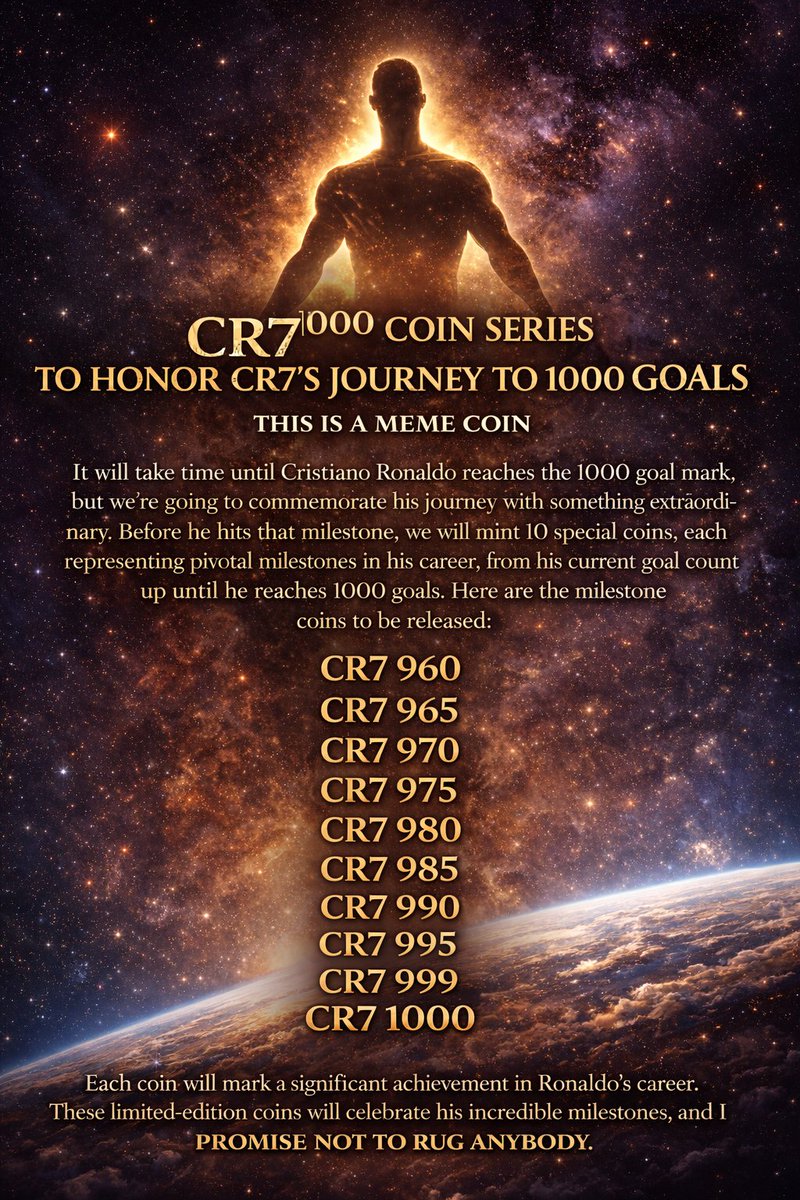 🚀 Introducing the CR7¹⁰⁰⁰ Meme Coin Series! 10 milestone coins will  celebrate CR⁷ journey to 1000 goals ⚽✨ Each coin marks a key achievement,  and we promise no rug, all transparency. 📌