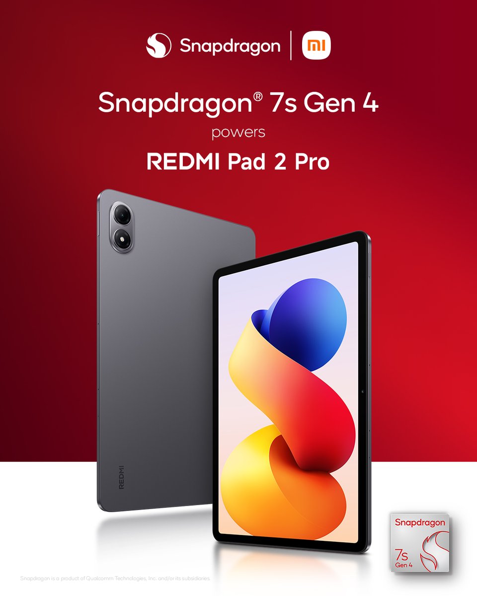 Snapdragon_IN's tweet image. The ultimate tablet experience is here. 

@Snapdragon 7s Gen 4 powers the Redmi Pad 2 Pro for stunning visuals, intuitive AI features, and seamless connectivity.

@XiaomiIndia, @RedmiIndia, #Snapdragon, #RedmiPad2Pro