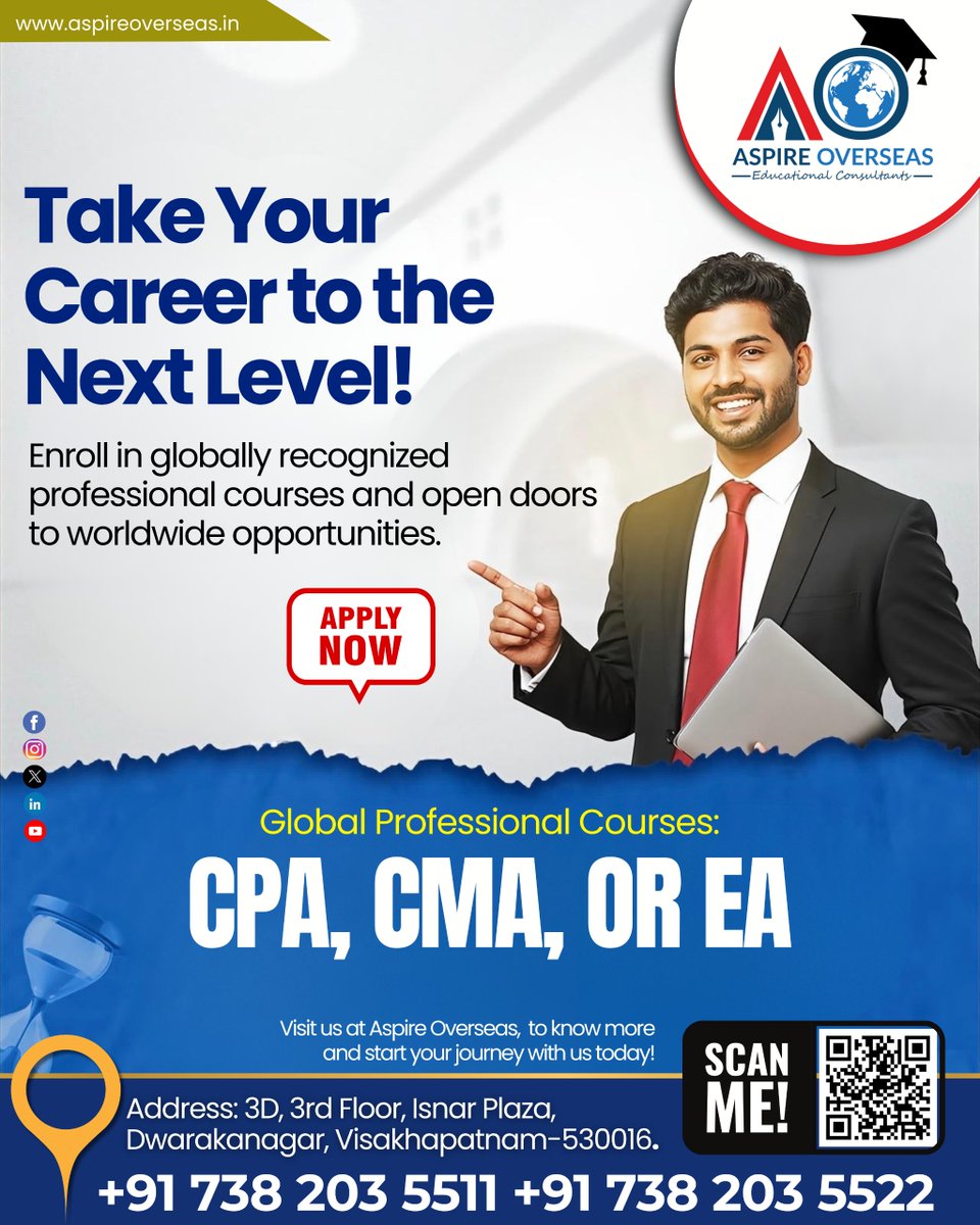 aspireeducon's tweet photo. Take your career to the next level by enrolling in globally recognized professional courses such as CPA
Ph No: +91 738 203 5511, +91 738 203 5522
Website:https: //www.aspireoverseas.in/
#AspireOverseas #CPA #CMA #EnrolledAgent #ProfessionalCourses #CareerGrowth https://t.co/DL6iQ4IEac