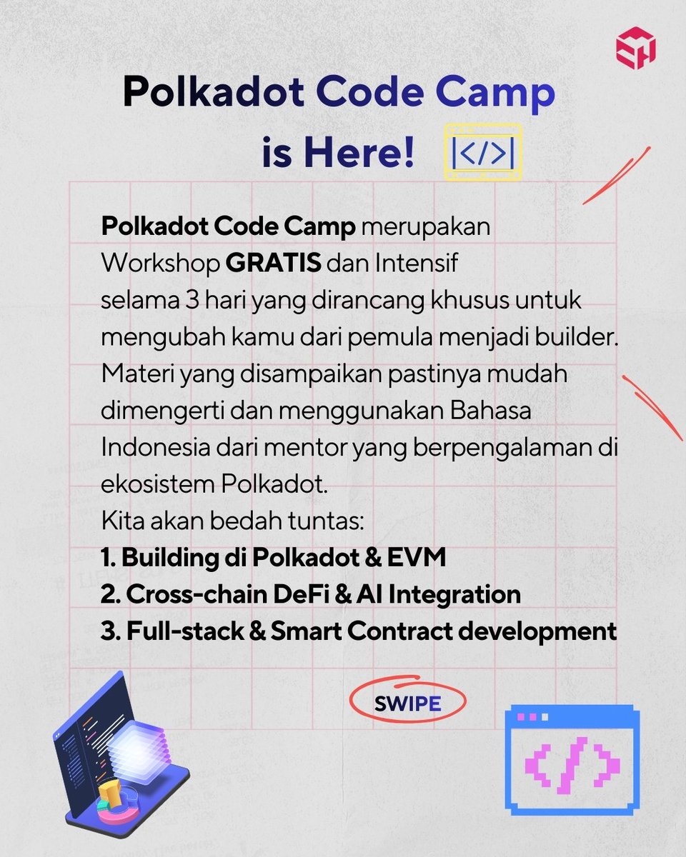 MCHOfficial_'s tweet photo. Polkadot Code Camp hadir untuk memberikan workshop GRATIS &amp; terbuka untuk umum selama 3 hari buat kamu yang mau jadi Web3 builder!

🔗 Daftarkan dirimu sekarang: https://t.co/aM4hct1U2I
Let’s build the future together!
#Web3workshop #manexus  #Polkadot  #TechCareer #Web3Community https://t.co/YMjHx7hI2u