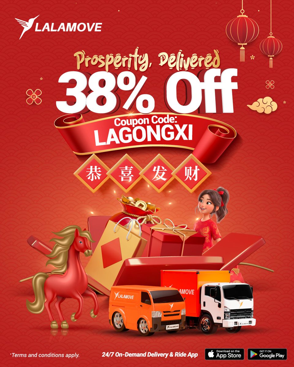 New Year, new luck, same old hustle? Don’t stress! 😅

Get 38% off your deliveries and start the year on a fast and fuss-free note.

#lalamove #lalamovemy #chinesenewyear