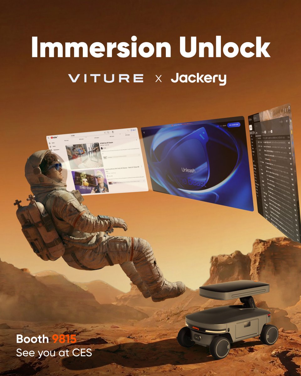jackeryinc's tweet photo. Jackery ⚡️ × VITURE 🕶️
Experience the future of off-grid power at CES 2026! 🌟
Come see how Jackery is partnering with VITURE to bring the ultimate outdoor XR experience to life.
Booth: 9815
#Jackery #CES2026 #VITURE #OutdoorPower #Innovation https://t.co/OiulObMUQ7