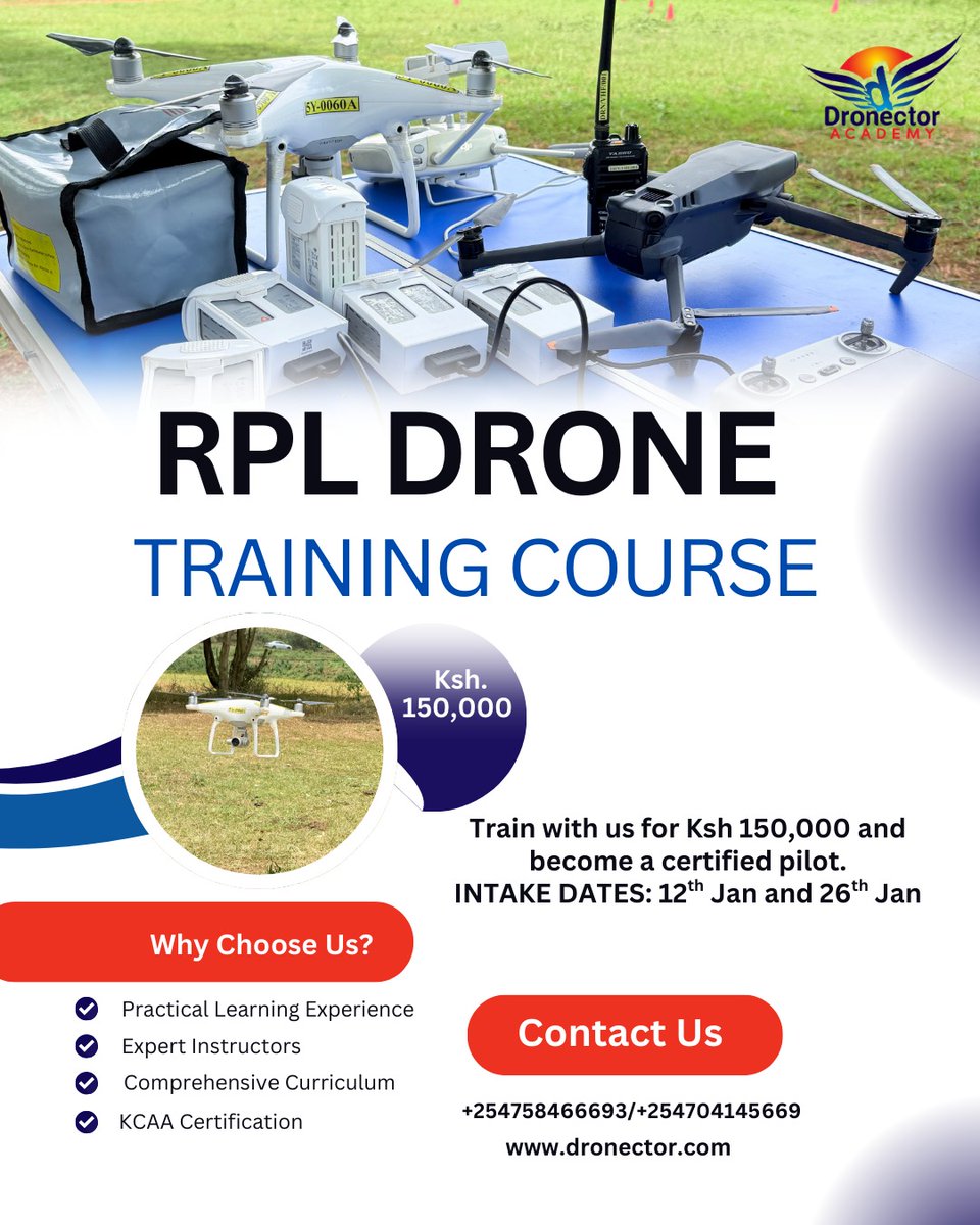 dronector_ac's tweet photo. Ready to become a Certified Drone Pilot?
Join our Remote Pilot Licence (RPL) program for Ksh 150,000 and launch your professional drone career with confidence.
Start your journey today!
Call us: 0758 466 693 | 📧 training@dronector.com

#DronectorAcademy #RPL #DroneTraining https://t.co/I4UIF9cP3F