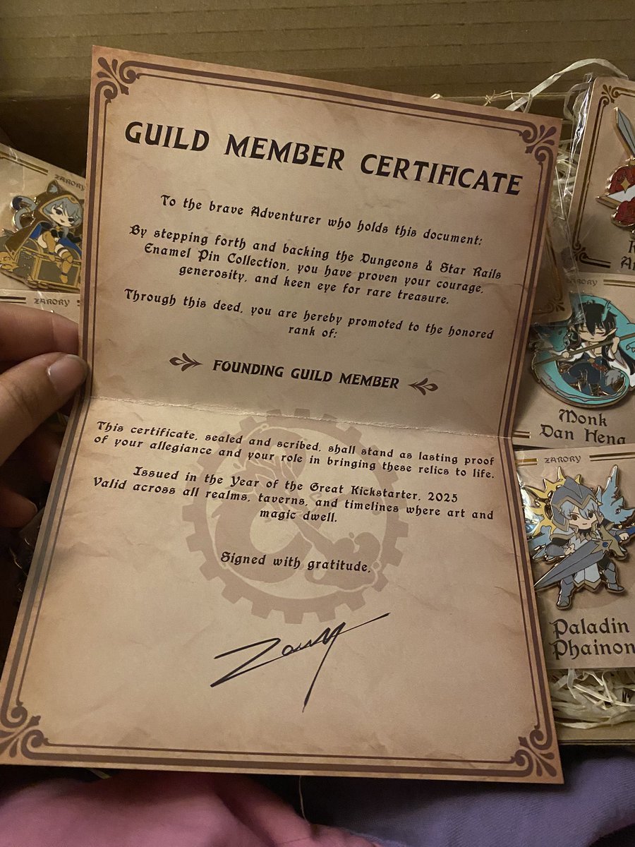 IT CAMEEEEE, the pins look amazing oml and the bonus certificate is so cute and prime!!

Thank you <a href="/ZaroryArt/">Zarory</a> for making this project, the pins are absolutely stunning 💜 

#dndhsr