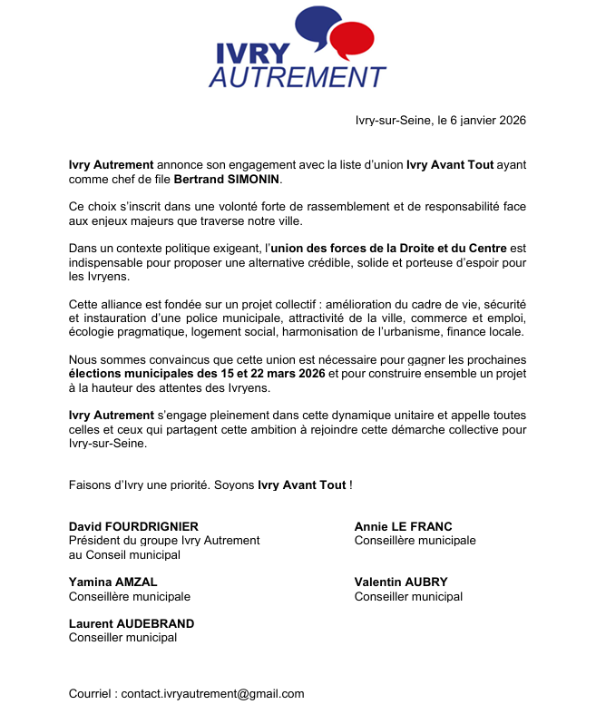 IvryAutrement's tweet photo. [ Communiqué - Lancement de campagne ]

Elections municipales des 15 et 22 mars 2026, Ivry Autrement a toujours eu à cœur de défendre les Ivryens. Quand la majorité EELV-LFI-communiste se concentre sur l'international, nous nous voyons @IvryAvantTout !

#Ivry #Municipales2026 https://t.co/Exq0F5a4TB