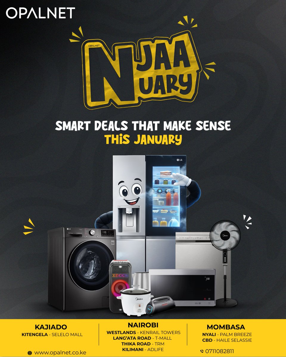 OpalnetLimited's tweet photo. Ni Njaanuary? We get it.
That’s why we’re bringing you smart deals that actually make sense this January.
https://t.co/sr5kM39gp4 |  0711 082 811
#NiNjaanuary #Opalnet #SmartDeals #JanuaryDeals #SmartLiving #HomeAppliances #ValueThatMakesSense #UpgradeSmart
#KenyaDeals https://t.co/pAVMizCWy2