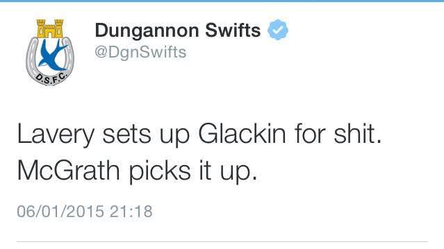 🚨 Irish League - On This Day 🚨 

6 January 2015

<a href="/DgnSwifts/">Dungannon Swifts FC</a> tweet to tell us that McGrath picks up shit.
