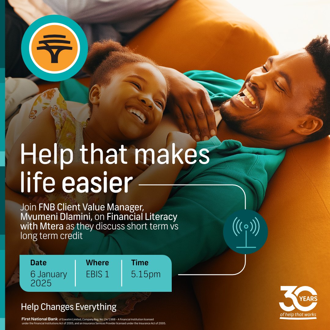 As the new year begins, the choices you make about credit matter more than ever.
Today at 5.15pm on EBIS 1, tune in to Financial Literacy with Mtera as Mvumeni Dlamini, FNB Customer Value Manager, unpacks short-term vs long-term credit and how to choose what truly works for your
