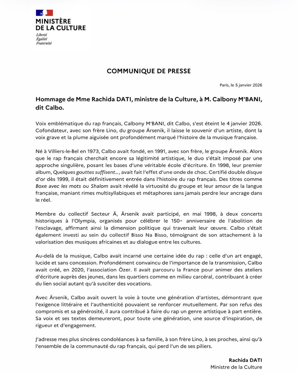 Nizzague's tweet image. Pour un petit gars du 9.5 comme moi qui était ado quand Ärsenik a explosé, Calbo était un modèle et j'ai donc lu avec attention les hommages rendus suite à son décès à seulement 52 ans !

Le communiqué de presse de Rachida Dati, ministre de la Culture, en hommage à Calbo,…