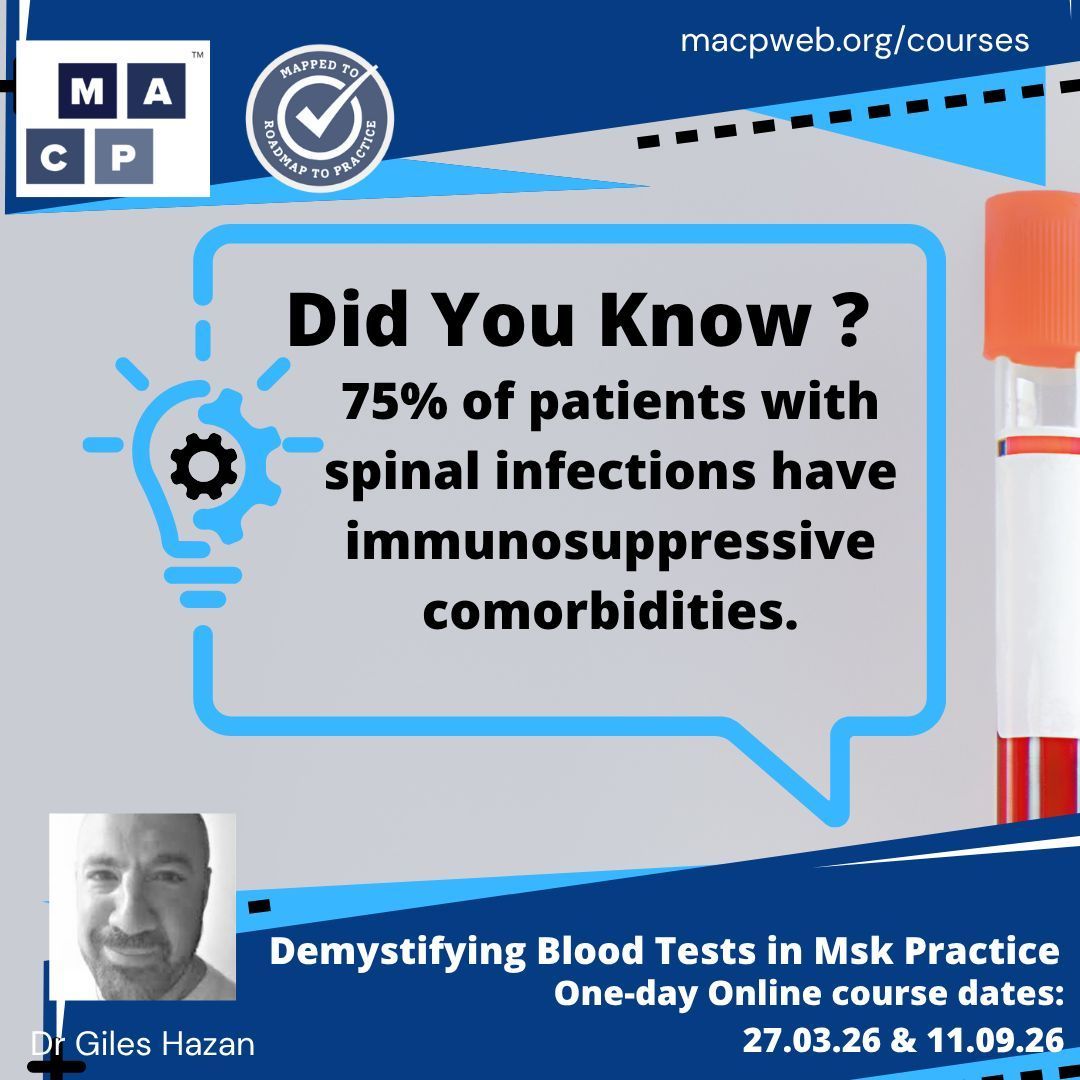 PhysioMACP's tweet image. Confused by Blood tests in your Msk Practice?

Improve your clinical reasoning when requesting and interpreting blood tests with this excellent course led by tutor @gileshazan using Msk patient case studies.

Book your place here 👇 
macpweb.org/events/calenda…