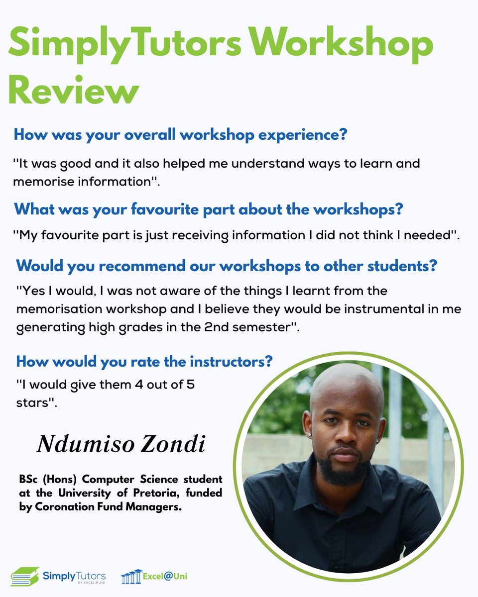ExcelAtUni's tweet image. We’re thrilled to share this outstanding review of our SimplyTutors Workshop from Ndumiso Zondi! 🥳 

Check out this link if you're interested in attending some of our highly educational SimplyTutors workshops - simplytutors.co.za/Workshop 

 #SimplyTutors #Tutoring #excelatuni