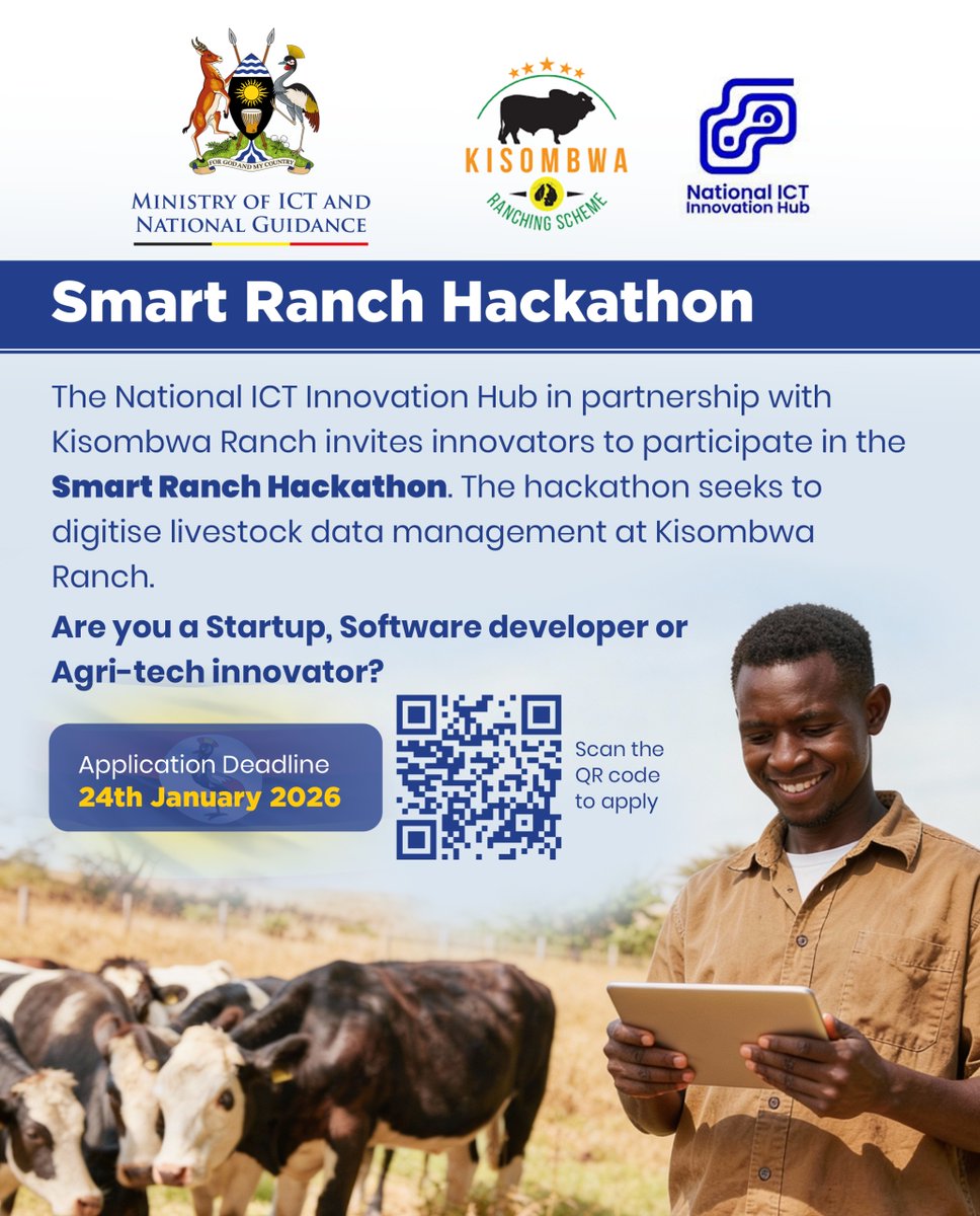 Are you a startup, software developer, or agri-tech innovator?
<a href="/innovationhubug/">National ICT Innovation Hub</a>, in partnership with <a href="/kisombwaranch/">Kisombwa Ranching Scheme</a>, invites you to participate in the Smart Ranch Hackathon to digitise livestock data management at Kisombwa Ranch.

𝐀𝐩𝐩𝐥𝐢𝐜𝐚𝐭𝐢𝐨𝐧 𝐝𝐞𝐚𝐝𝐥𝐢𝐧𝐞: 𝟐𝟒
