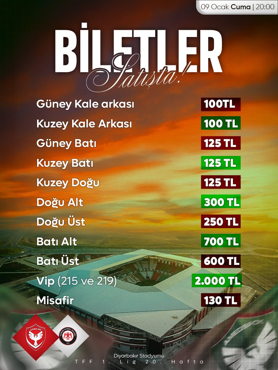 Bilêtên maça me ya bi Çorum FK re, ku em ê 9ê Rêbendanê roja Înê li mala xwe bilîzin, niha tên firotin. 🎫
💚❤️
Bîletê maçê Çorum FKyî yo ke ma do 9ê Çeleyî roja Îne, keyeyê xo de kay bikerê, rotiş de yê. 🎫
💚❤️
9 Ocak Cuma günü evimizde oynayacağımız Çorum FK maçı biletleri