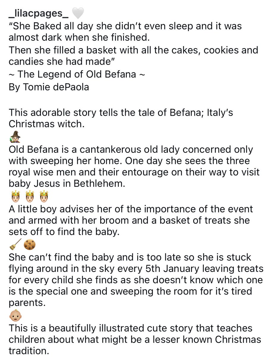 _lilacpages_'s tweet image. 🤍
“She Baked all day she didn’t even sleep and it was almost dark when she finished.
Then she filled a basket with all the cakes, cookies and candies she had made”
~The Legend of Old Befana~
By Tomie dePaola

#Epiphany #labefana #christmaswitch 
#BookTwitter #Booktwt #Christmas
