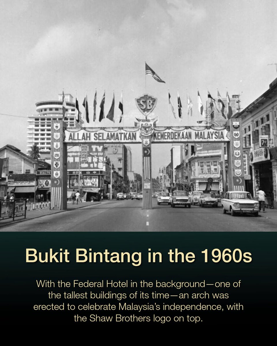 thosedaysmy's tweet photo. Bukit Bintang, 1960s.

When the Federal Hotel was among the tallest buildings in the city, and an independence arch stood proudly beneath it—topped with the Shaw Brothers logo. https://t.co/Xiy9NiJTxh
