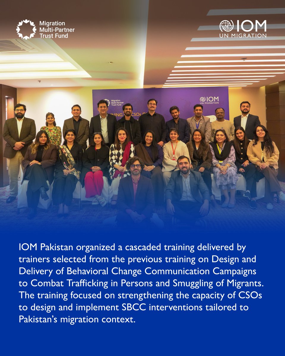 IOM_Pakistan's tweet photo. IOM Pakistan facilitated a cascaded training for CSOs on designing #SBCC campaigns to combat Trafficking in Persons and Smuggling of Migrants
Led by trainers from the previous training, the sessions focused on real community behaviours on migration.
#MigrationMPTF https://t.co/Rz2fy8e0YE