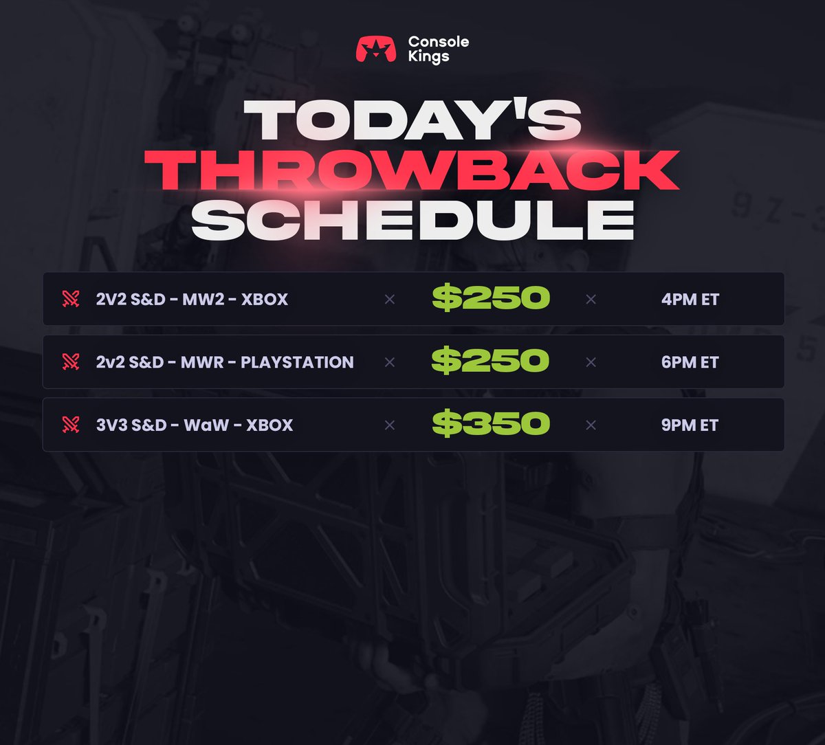 ConsoleKings's tweet image. Today's Throwback Tournaments🏆

4PM ET - MW2 - Xbox

6PM ET - MWR - Playstation

9PM ET - WaW - Xbox

Sign up now: consolekings.com/tournaments