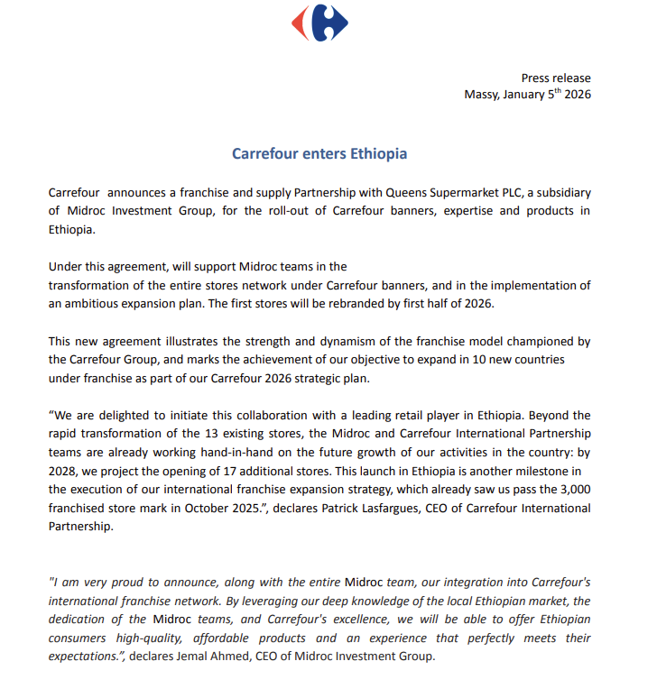 MwangoCapital's tweet photo. Carrefour has entered Ethiopia through a franchise and supply partnership with a local retailer. The agreement covers rebranding 13 existing stores by H1 2026 and an expansion plan targeting 17 additional stores by 2028. https://t.co/86KcHuzIrW