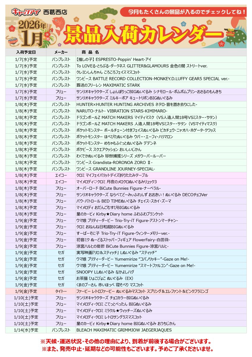 Katy様おまとめ買い専用ページ お知らせ】 2026年1月の景品入荷カレンダーになります📅 画像からご