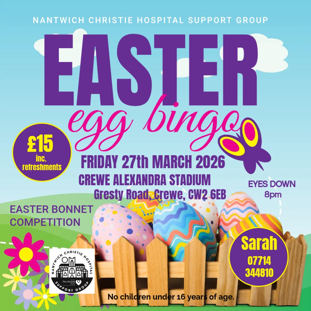 NantwichGroup's tweet photo. Tickets for our Easter 🐣 Egg Bingo 2026 are now available.

Contact Sarah, on 07714 344810, to secure your tickets … now!!

#NantwichChristie #EasterBingo https://t.co/hVQCr2Be2H