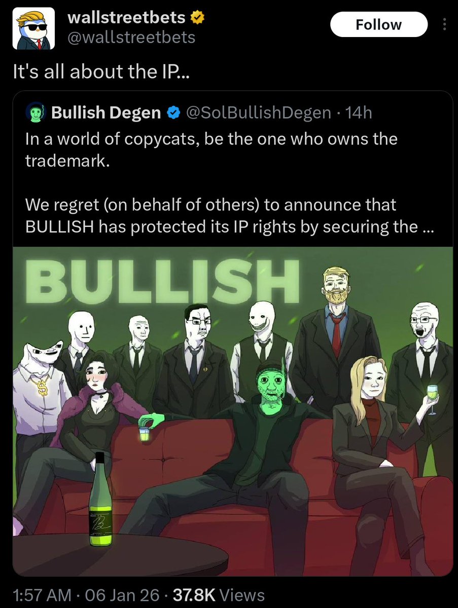 A story in two pictures. The @wallstreetbets account will shill any garbage  project that throws enough money their way — and $BULLISH is just the  latest example.