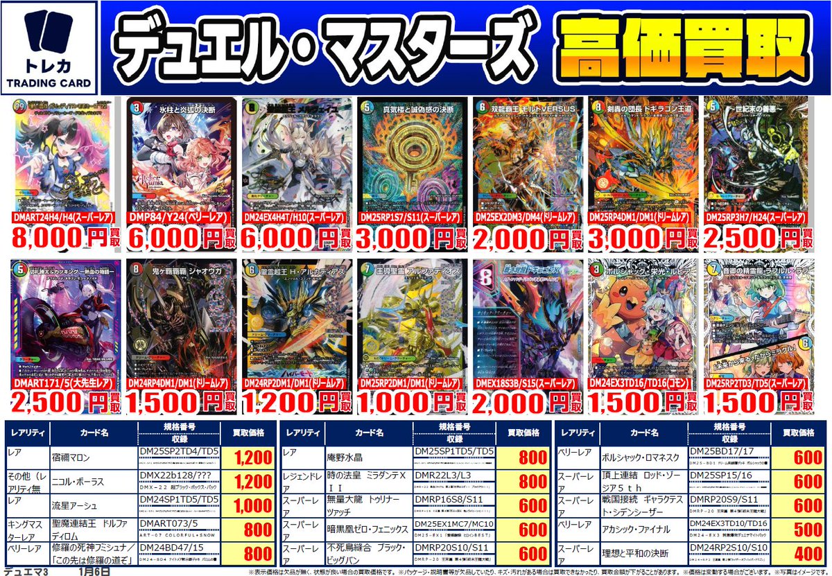 デュエマバラ売り デュエマ 買取】 #デュエルマスターズ 買取表、本日1/6更新分になり