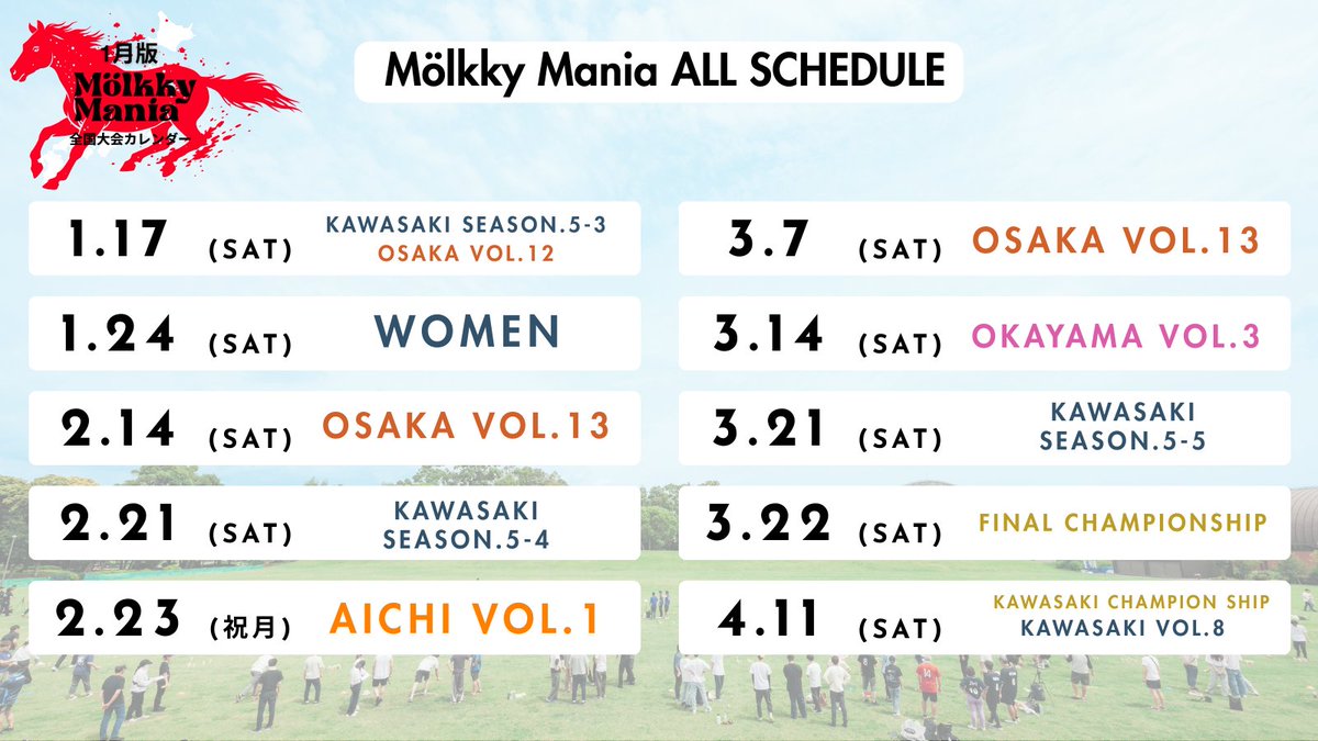 【1月最新版｜📅モルマニ大会カレンダー】
1月〜4月の大会日程を公開しました！

2月：モルマニ初の愛知開催‼️
3月：モルマニ初の岡山ドーム開催‼️

全国にモルックの輪が広がっています⚡️
皆さまのご参加を、心よりお待ちしております！

大会お申し込みはこちら⇩
molkky-mania.peatix.com