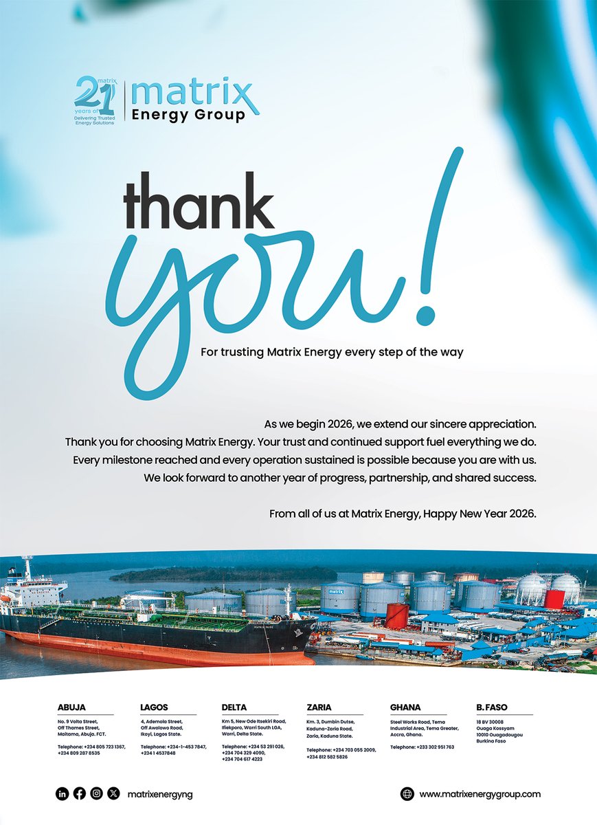 matrixenergyng's tweet photo. Your trust and continued support fuel everything we do.
Thank you for choosing Matrix Energy and for being part of our journey.
Here’s to a year of continued progress and strong partnerships.
#MatrixEnergy #thankyou https://t.co/EcPQK3nHbg