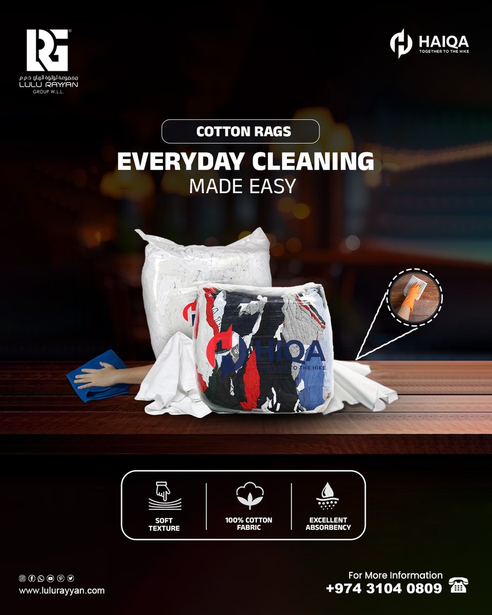 Everyday cleaning made easy with HAIQA Cotton Rags 🧽✨, perfect for daily use at home or work.⚙️

➡️Soft texture
➡️100% cotton fabric
➡️Excellent absorbency

Visit🌐: lulurayyangroup.com
Give us a ring📞: +974 3104 0809

#CottonRags #HAIQA #lulurayyangroup
