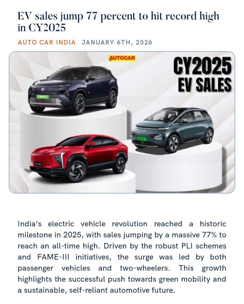 EV sales jump 77 percent to hit record high in CY2025
autocarindia.com/car-news/ev-sa… 

via NaMo App
