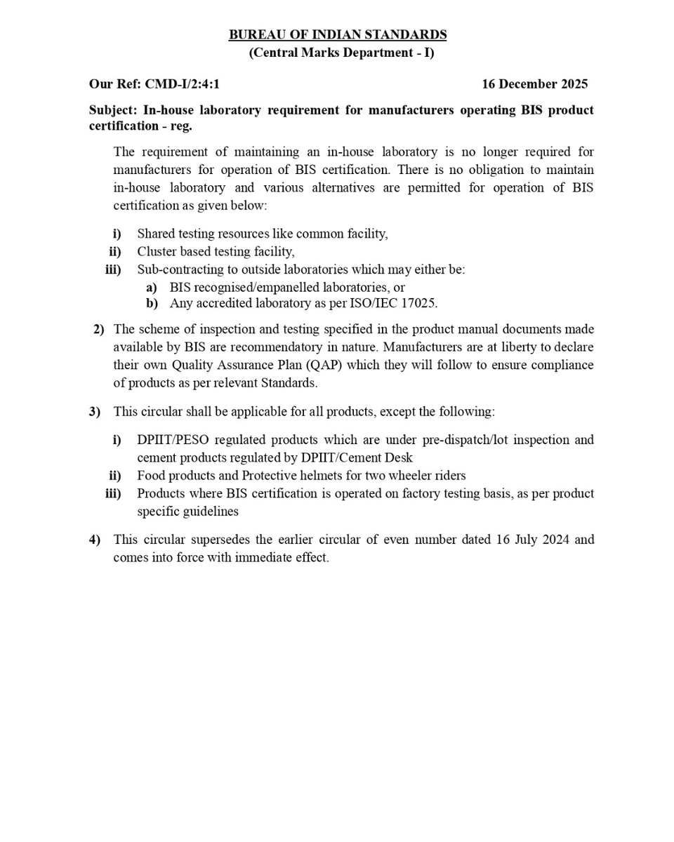 Official_seyecs's tweet image. BIG #BISUPDATE for #Manufacturers
.
BIS has relaxed the in-house lab requirement! Testing can now be done via #BISrecognised or #ISO/IEC 17025 labs, with flexible #QAPs and cost savings.
.
@Official_seyecs Certifications keep you compliant, clearly &amp;amp; confidently.