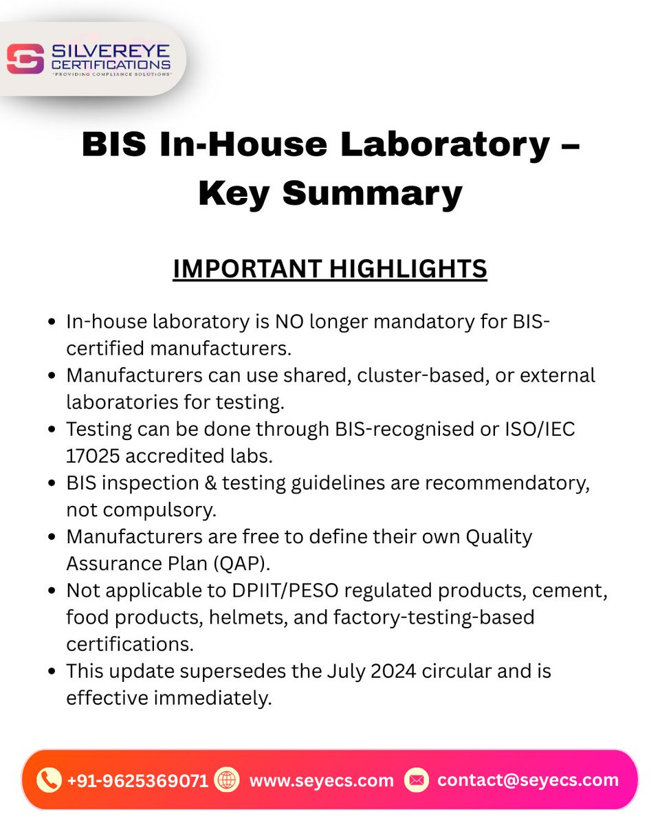 Official_seyecs's tweet image. BIG #BISUPDATE for #Manufacturers
.
BIS has relaxed the in-house lab requirement! Testing can now be done via #BISrecognised or #ISO/IEC 17025 labs, with flexible #QAPs and cost savings.
.
@Official_seyecs Certifications keep you compliant, clearly &amp;amp; confidently.