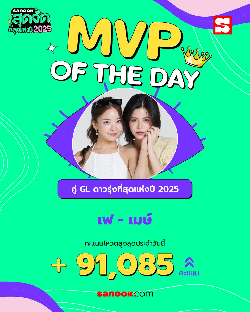 Sanook's tweet image. MVP สาขา "คู่ GL ดาวรุ่งที่สุดแห่งปี 2025" ประจำวันนี้ ได้แก่ "เฟ - เมษ์" คะแนนวันนี้เพิ่มขึ้น 91,085 คะแนน 

กดโหวตให้สุด ใส่พลังกันไปเลย🔥🔥

🗳️ โหวตฟรี! ไม่จำกัดจำนวนครั้ง ไม่มีค่าใช้จ่าย 
📢 โหวตแบบที่ 1: 1 ครั้ง / 1 โหวต 
🚨 โหวตแบบที่ 2: ดูโฆษณาสั้น ๆ รับ Extra vote x10
🗓️…