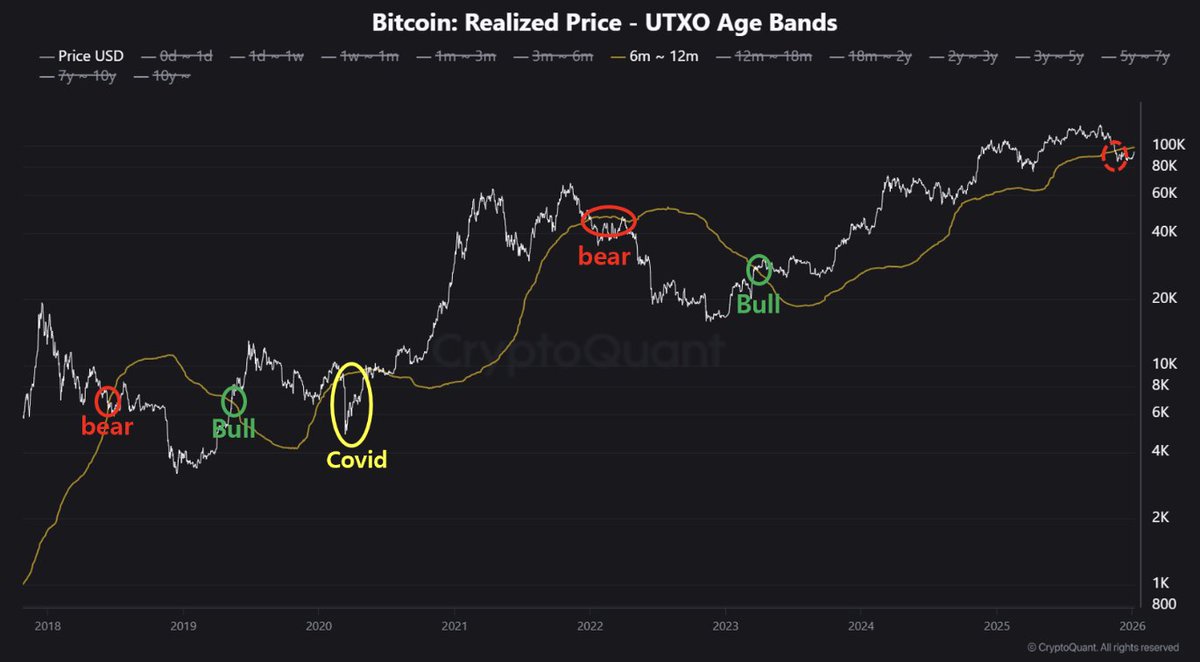 cryptoquant_com's tweet image. The Key Condition for a Trend Reversal in the Crypto Market

“If Bitcoin can reclaim the 6–12 month holder cost basis (~100K), the market structure shifts. That break typically marks a transition toward a bullish trend and opens room for additional upside. – By @DanCoinInvestor