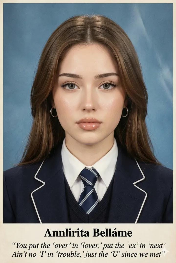 kingofdairyque's tweet photo. Gemini nano banana pro:
Use this photo attached to create an ultra-realistic printed portrait with authentic photo-print shine.
A straight-on, centered head-and-shoulders portrait of a young woman, neutral confident expression, eyes looking directly at the camera. Composition is perfectly aligned and symmetrical, identical to a school ID / yearbook / magazine archive photo.
She has long, smooth brown hair, center-parted, softly layered, neatly styled. Makeup is polished but natural, editorial-clean: warm brown eyeshadow, softly defined eyeliner, voluminous lashes, subtle contour, peach blush, and glossy nude lips. Skin is smooth, flawless, softly matte with natural highlights, realistic pores visible.
She wears a dark navy blazer with white piping, white collared shirt, dark sweater vest, and navy striped tie, styled like a formal school uniform portrait. Small silver hoop earrings.
EXACT FILTER & PRINT SHINE (VERY IMPORTANT):
Apply a real photo-print filter, not digital glow:
Subtle semi-gloss paper sheen
Light reflective shine across cheeks, forehead, and lips, as if light is bouncing off printed ink
Very mild lamination glare, thin diagonal highlights
Slight softening from ink absorption, not blur
Gentle warm undertone from printed ink
Fine paper grain texture visible on skin and background
Looks like a scanned or photographed printed photo
NO glassy skin
NO beauty filter glow
NO cinematic bloom
LIGHTING:
Direct frontal harsh flash ALWAYS ON, similar to ID or studio flash:
Even exposure
Bright eye catchlights
Minimal shadows
Flat, clean lighting typical of printed portraits
BACKGROUND:
Flat cool blue textured studio backdrop, evenly lit, slightly muted by print ink.
TEXT & LAYOUT (PRINTED):
Below the portrait, centered and printed on the page:
Bold serif font:
HIGHSCHOOL GAL
Below in smaller italic serif font, quotation style:
“You put the ‘over’ in ‘lover,’ put the ‘ex’ in ‘next’
Ain’t no ‘I’ in ‘trouble,’ just the ‘U’ since we met”
Text appears ink-printed, slightly imperfect edges, natural spacing, no digital sharpness.
OVERALL LOOK:
Real printed photograph
Magazine / yearbook archive
Soft shine, subtle glare
Paper texture + ink warmth
Not digital, not glossy poster
Looks physically touchable