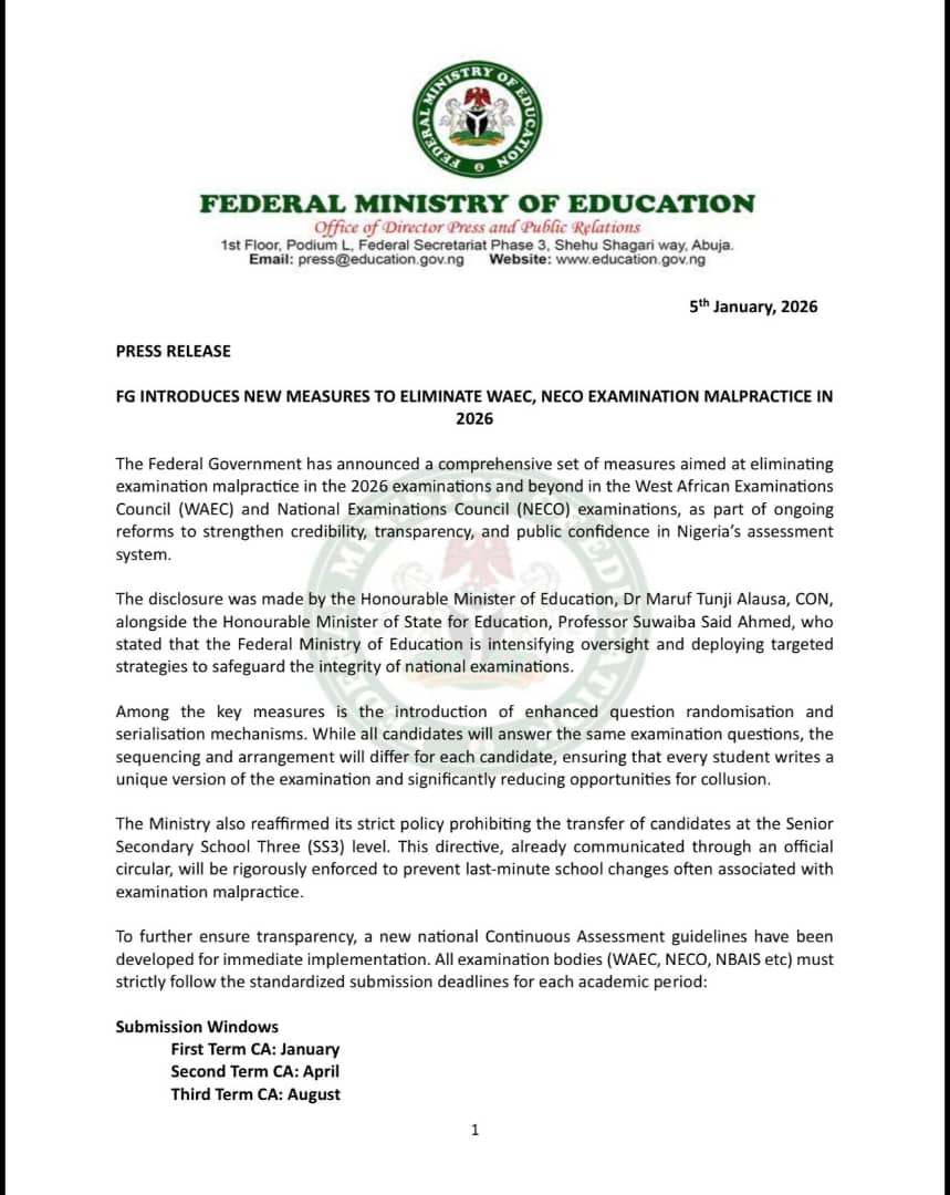 DOlusegun's tweet image. The Federal Government has announced a comprehensive set of measures aimed at eliminating examination malpractice in WAEC and NECO examinations starting from the 2026 examination cycle.

One of the major changes is enhanced question randomization and serialization, which will…
