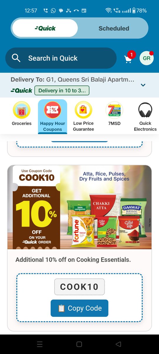 rgopi's tweet photo. @JioMart_Support 
There is a coupon code available in Jiomart app "COOK10", but I'm not able to use the code, it shows error while using as per screenshot https://t.co/xkzjRMQJlA
