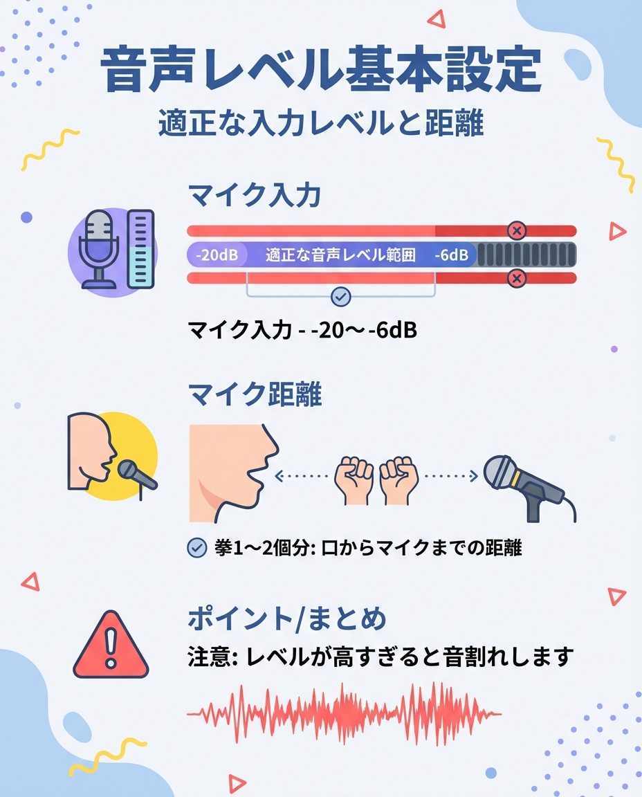 歌枠配信中の音割れを防ぐOBS設定の基本】 ・マイク入力レベル：-20