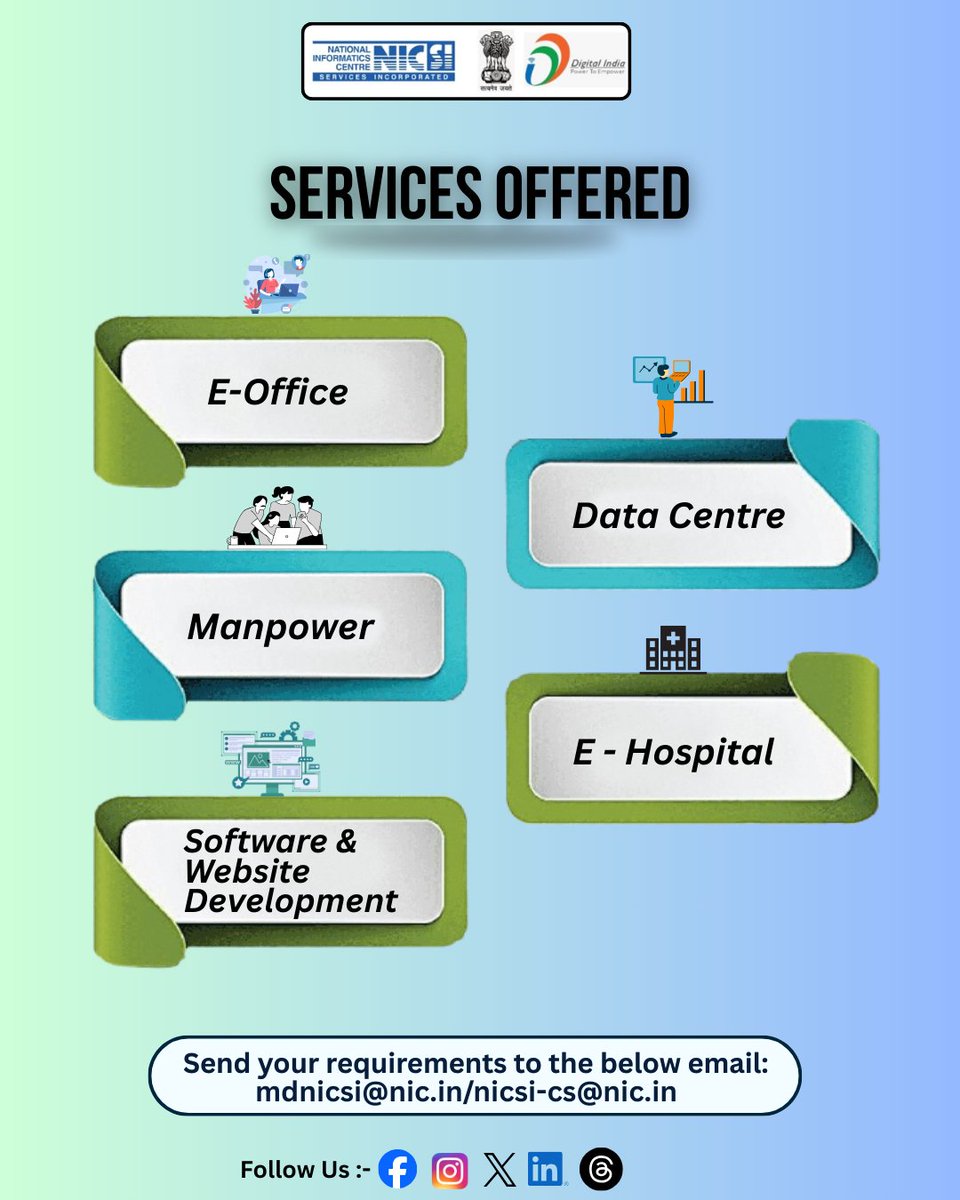 MeitY_NICSI's tweet image. NICSI provides end-to-end ICT solutions to Ministries, Departments, PSUs, and other government organizations.
#nicsipost #nationalinformaticscentreservicesinc #NICSI #LetUsLearn #servicespost #nicsiservices  #datacenter #manpower #softwaredevelopment #websitedevelopment #eoffice