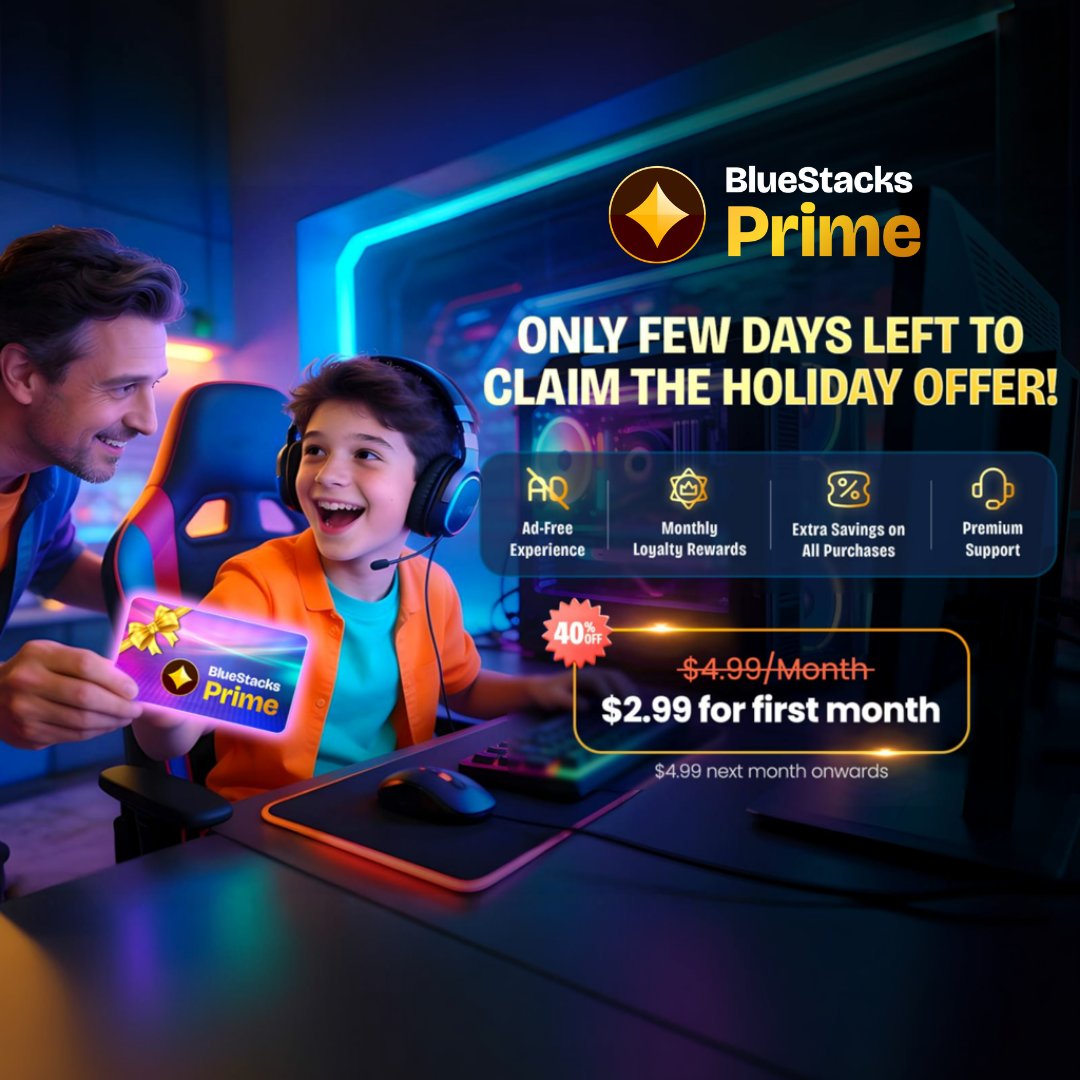 bluestacksinc's tweet image. Get 40% OFF your first month of BlueStacks Prime!

For just $2.99, you get:
🚫 Ad-Free Gaming
💰 Monthly Loyalty Rewards
📉 Extra Savings on All Purchases
👑 Premium Support

Offer ends soon. Don't wait: 👇
bstk.me/bluestacks_pri…

#BlueStacksPrime #GamingUpgrade #Deals #LastCall