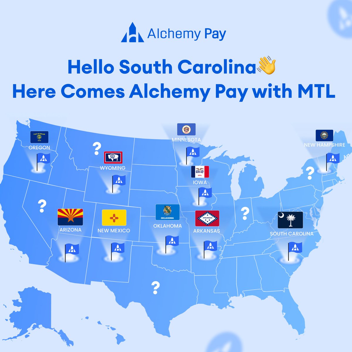 We've planted another compliance flag in U.S.! 🇺🇸

South Carolina is another addition to the #AlchemyPay map. But we're not stopping... not even close.

Where do you think we're heading next? Drop your best guess below! 👇
$ACH