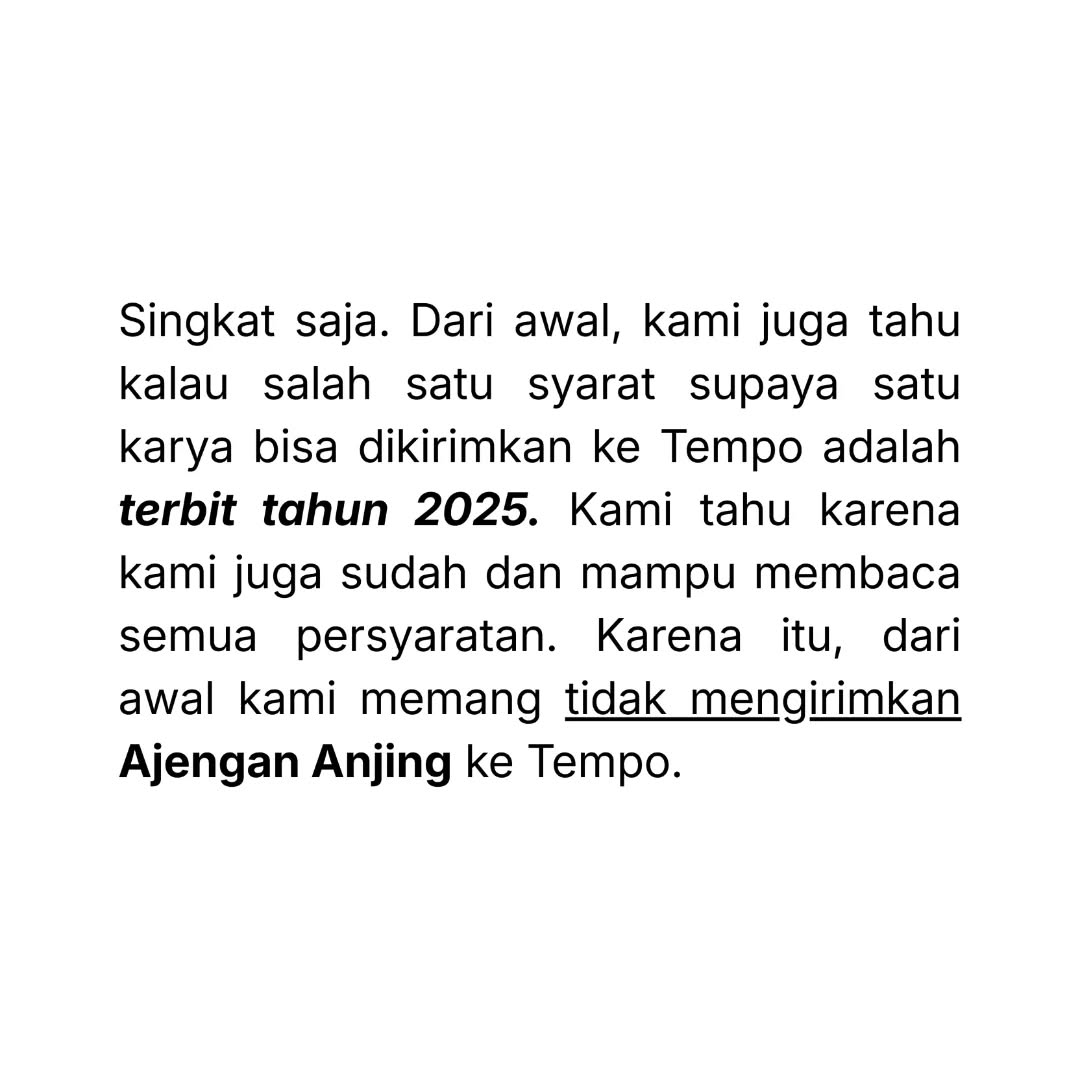 kedaiboekoe's tweet photo. UPDATE!

Tanggapan dari penerbit MALIRE terkait pembatalan dan pencabutan novel “Ajengan Anjing” karya Ridwan Malik dari daftar Buku Sastra Pilihan TEMPO 2025.

@tempodotco 🥲 https://t.co/VMqyPpLQDi