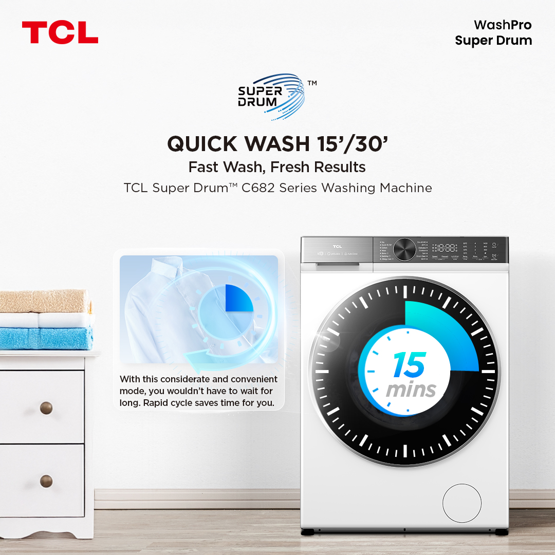 TCLPH's tweet photo. Fast wash, fresh results start with the TCL C682. With Quick Wash, clean clothes are ready in less time 🕛, so you can get back to what matters. Laundry made easier, every day.
#TCLSmartClean #TCLSupremeCare #TCLSuperDrum #TCLC682 #TCLInspireGreatness #TCLPhilippines https://t.co/LIqExEOFr4