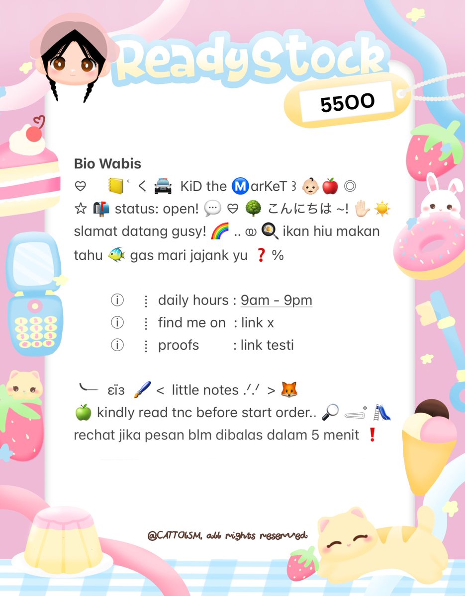 CATTOlSM's tweet image. ⣠ ︵  ♥︎  help repost?  tysm &amp;lt;3 ⭐️🎀  𓂅

◠  ⢸⠀ alline ada 4 wording  bio  wabis  kidcore  bocil  ready  stock. . 🎶🍏  𓂃 . εїз   hanya  55OO .ᐟ.ᐟ  &amp;gt;___%   💬👧🏻   ▷  ketuk  DM  sekarang. . ✋🏻 ₊˚𓂂

☆ —— tap alt for details! . . 🐈💧
zonauang  %  zonajajan  %  zonaba