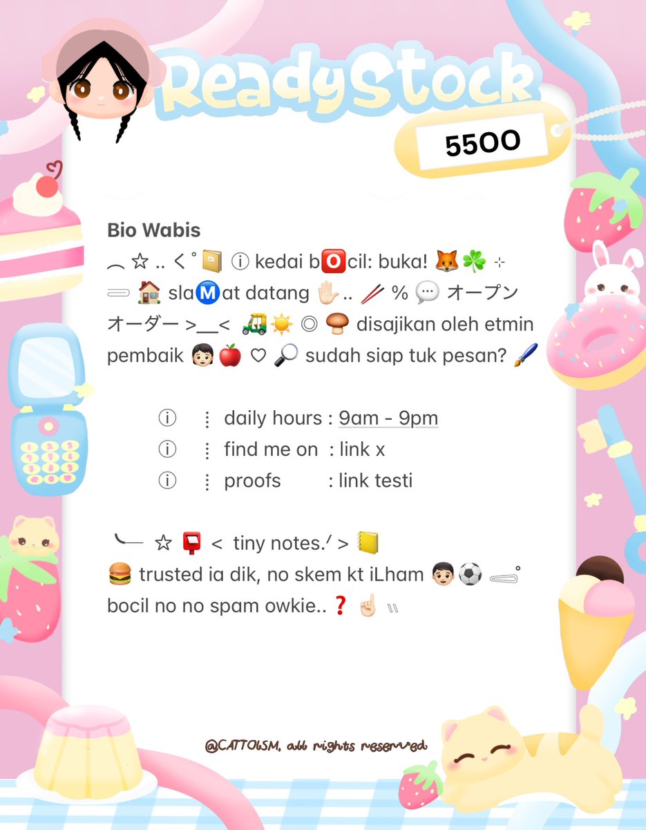 CATTOlSM's tweet image. ⣠ ︵  ♥︎  help repost?  tysm &amp;lt;3 ⭐️🎀  𓂅

◠  ⢸⠀ alline ada 4 wording  bio  wabis  kidcore  bocil  ready  stock. . 🎶🍏  𓂃 . εїз   hanya  55OO .ᐟ.ᐟ  &amp;gt;___%   💬👧🏻   ▷  ketuk  DM  sekarang. . ✋🏻 ₊˚𓂂

☆ —— tap alt for details! . . 🐈💧
zonauang  %  zonajajan  %  zonaba
